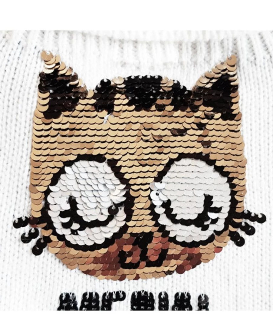 "Milk and Pepper Women's Meow Knit Sweater - Cute Cat Print Cozy Pullover"