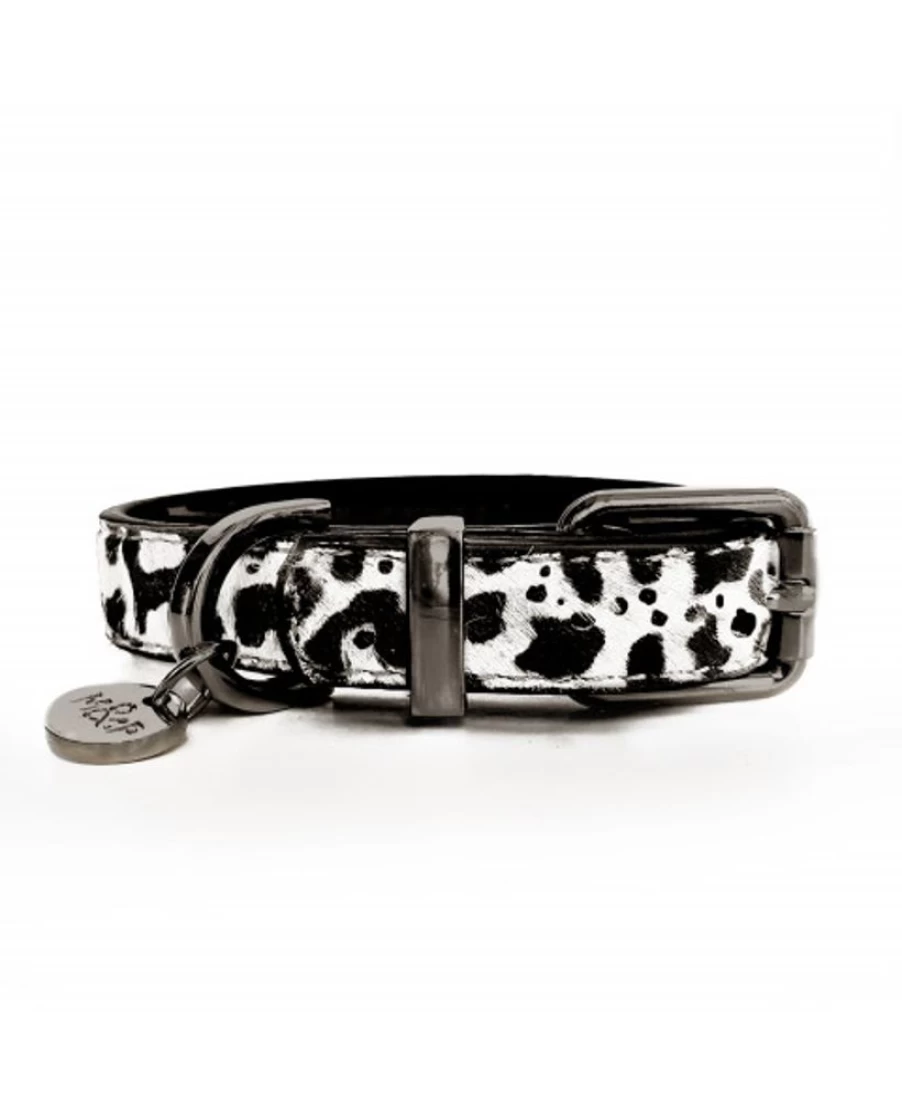 "Milk and Pepper Genuine Leather Dog Collar with Stylish Dalmatian Print – Durable and Fashionable Pet Accessory"