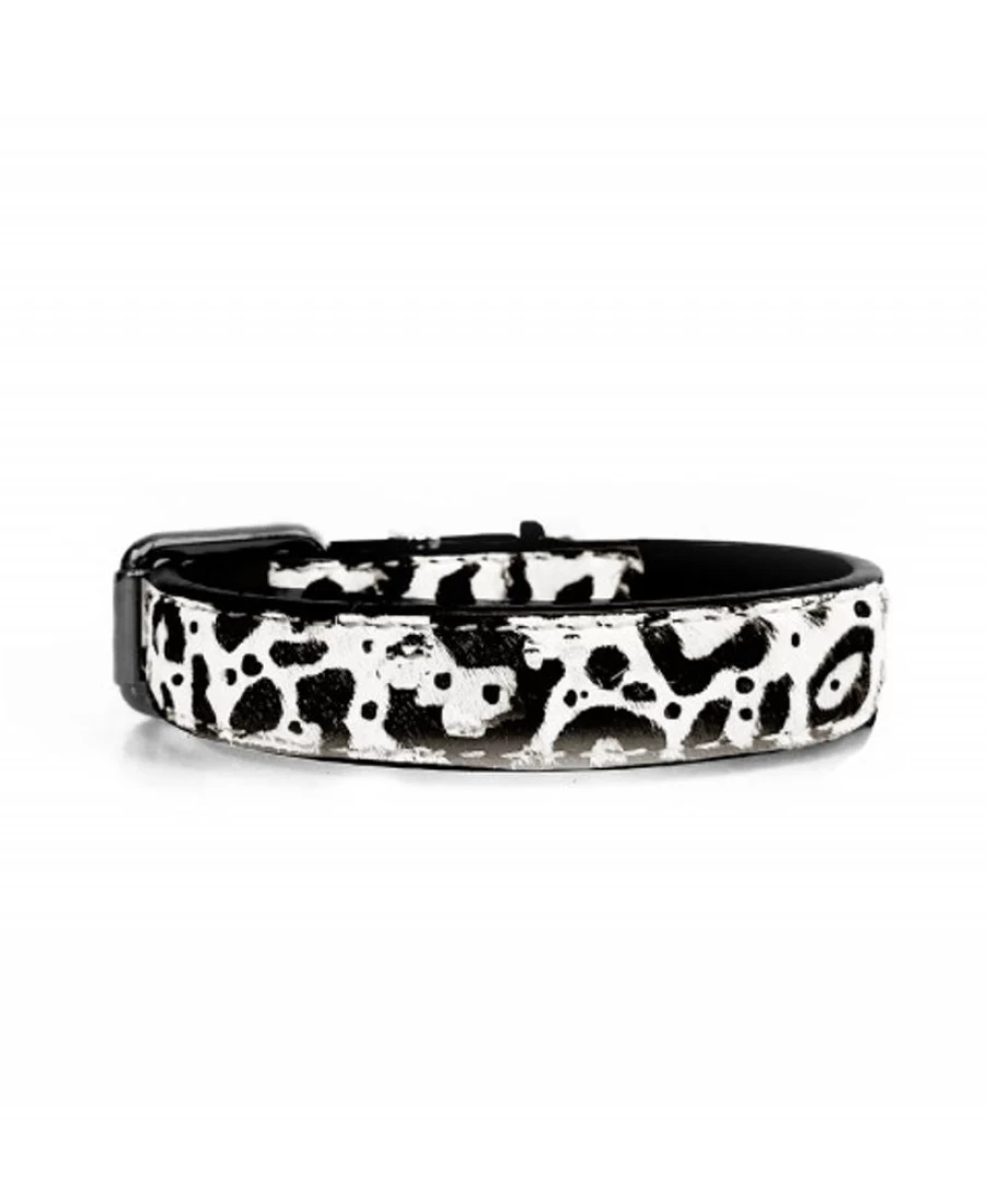 "Milk and Pepper Genuine Leather Dog Collar with Stylish Dalmatian Print – Durable and Fashionable Pet Accessory"